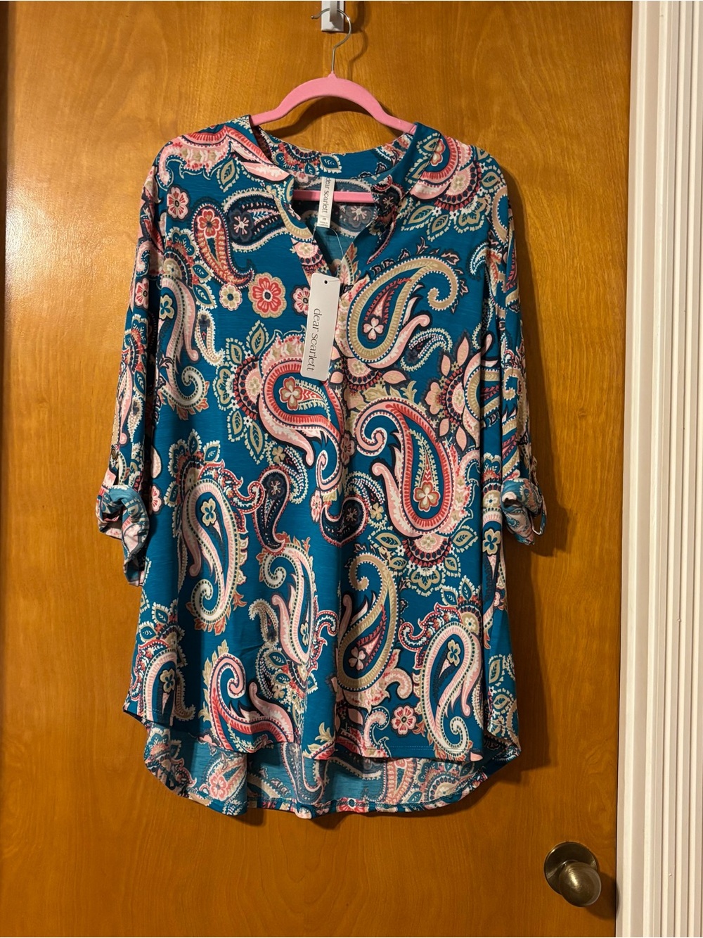 Paisley Split-Neck Tunic in Teal with Pink Accents